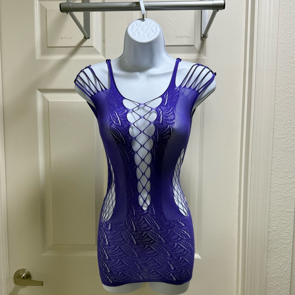 💜 Deep Violet Cutout Mesh Mini Dress – One Size (New)